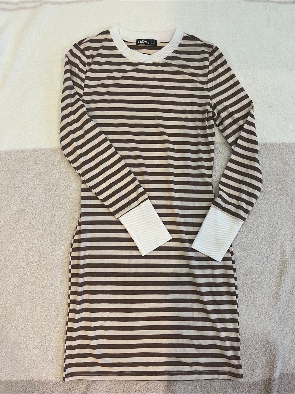 Chic Me Long Sleeve Striped Bodycon Dress - Brown & White